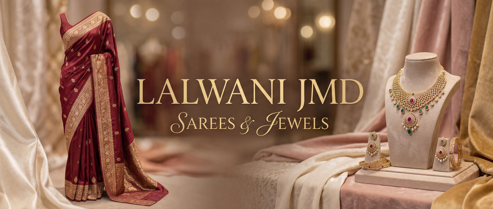 Firefly_Gemini Flash_ok make a banner of lalwani jmd sarees and jewels with soft luxury look and dont writ 192382